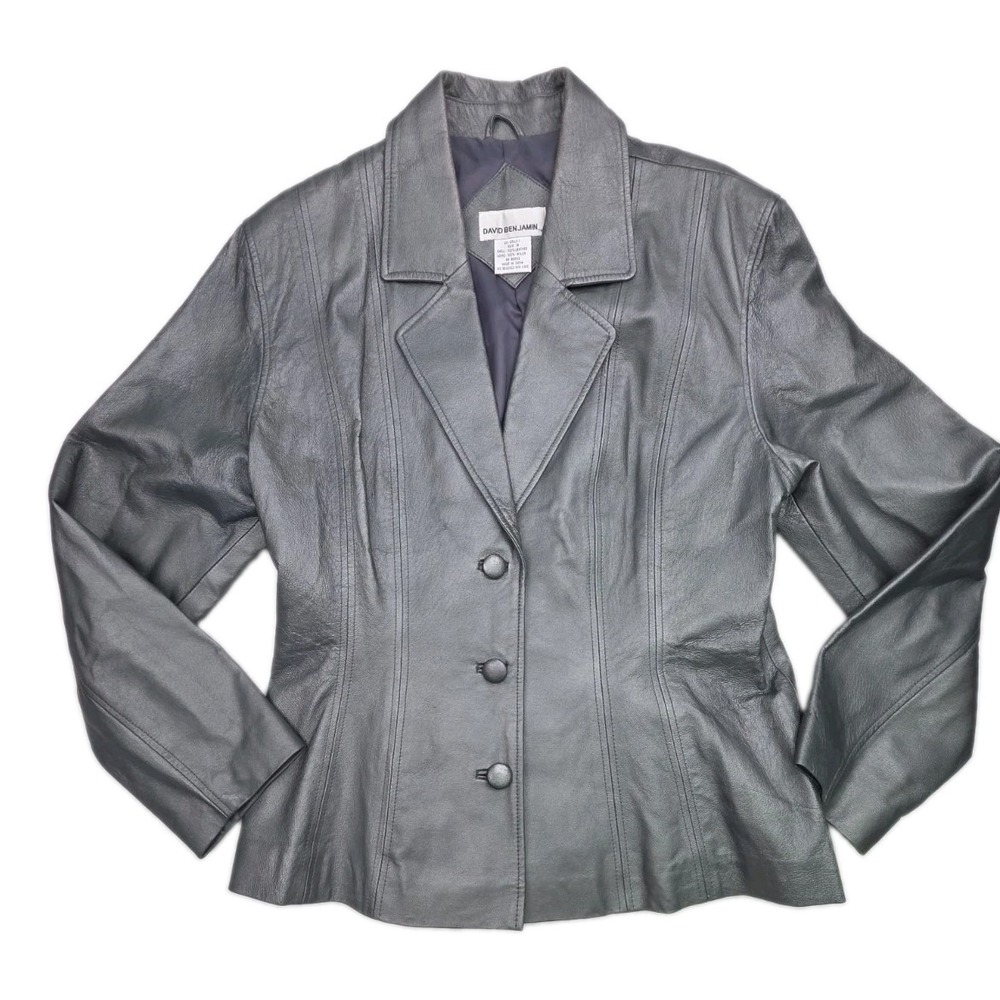Vtg 90s Y2K Genuine Leather Blazer Jacket Silver Pewter Metallic Womens Size 18